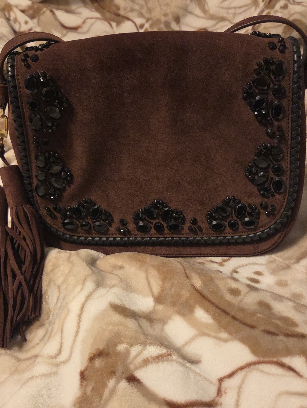 kate spade Brown & Black Embellished Fringe Crossbody